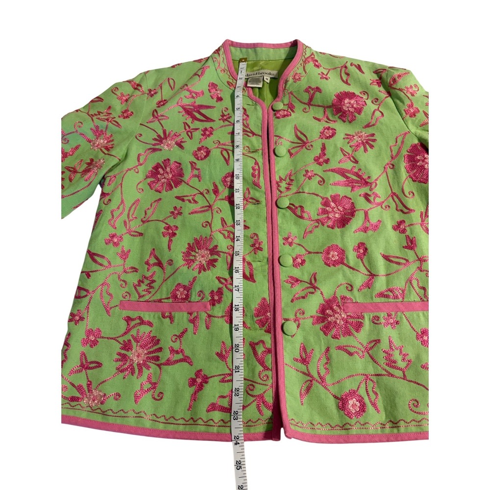 David Brooks Womens Linen Floral Embroidered Blazer Jacket Green Pink Size M - Picture 7 of 9